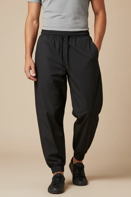 Pantalon Parachute Noir Ample Cordon Homme Coton - Polyester