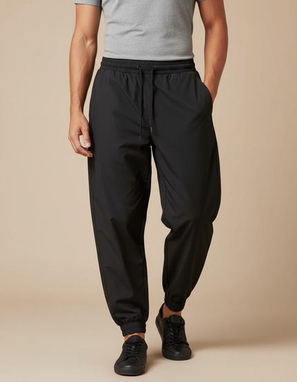 Pantalon Parachute Noir Ample Cordon Homme Coton - Polyester