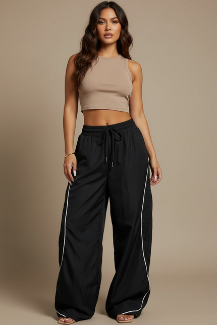 Pantalon Parachute Noir Ample Fluide Rayé Décontracté Femme - Polyester