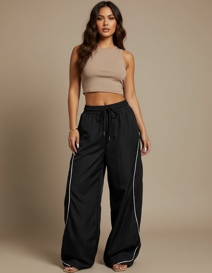 Pantalon Parachute Noir Ample Fluide Rayé Décontracté Femme - Polyester