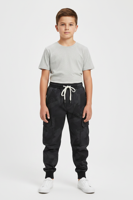 Pantalon Parachute Noir Cargo Imprimé Géométrique Cordon - Polyester