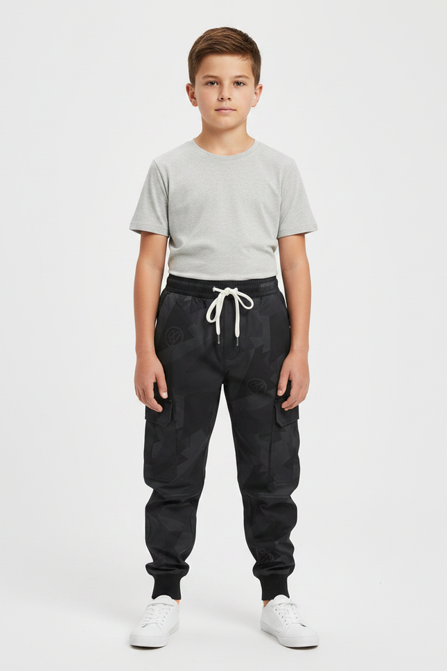 Pantalon Parachute Noir Cargo Imprimé Géométrique Cordon - Polyester