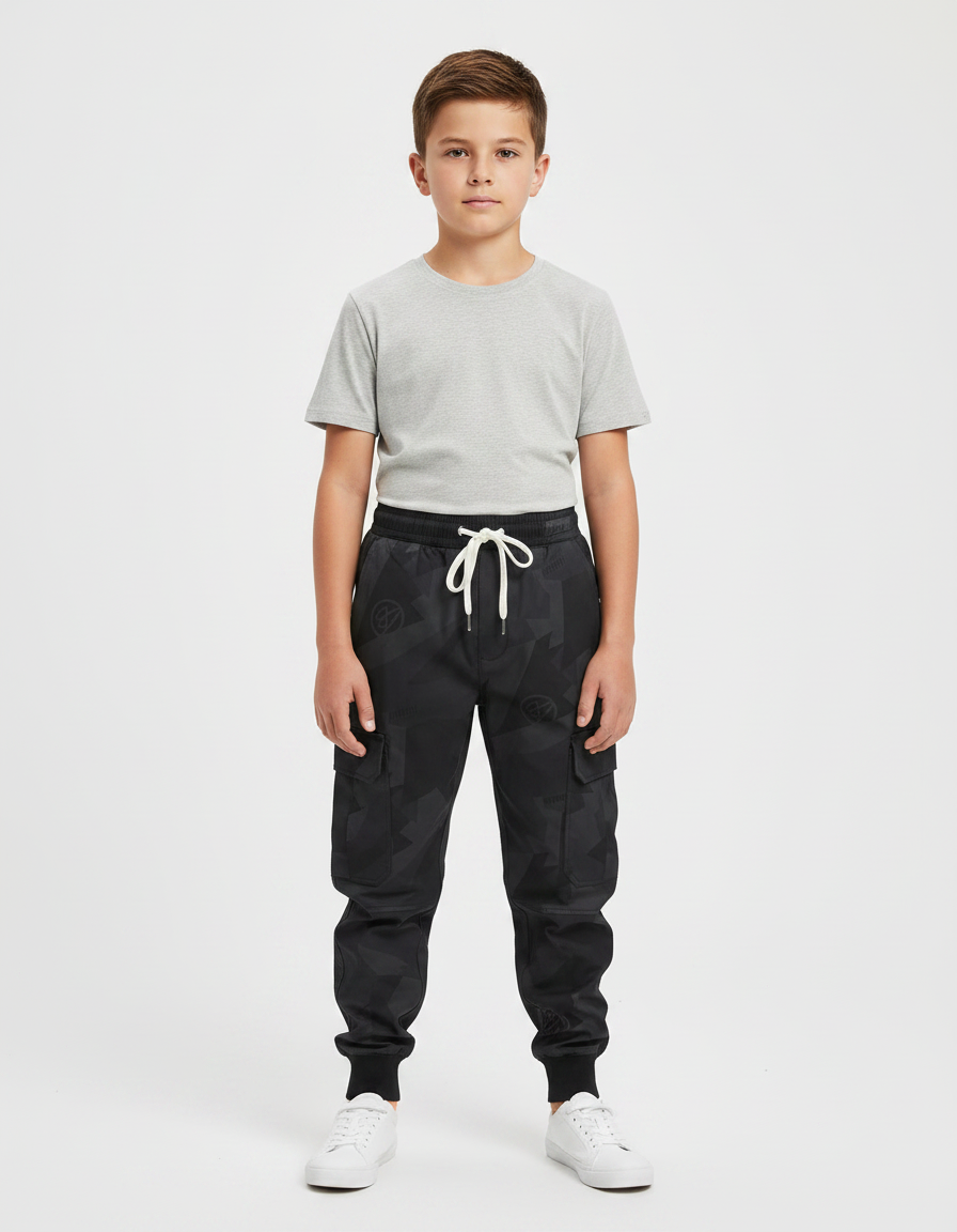 Pantalon Parachute Noir Cargo Imprimé Géométrique Cordon - Polyester