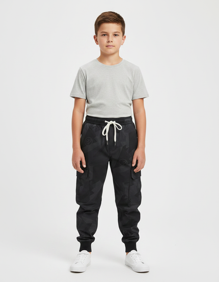Pantalon Parachute Noir Cargo Imprimé Géométrique Cordon - Polyester