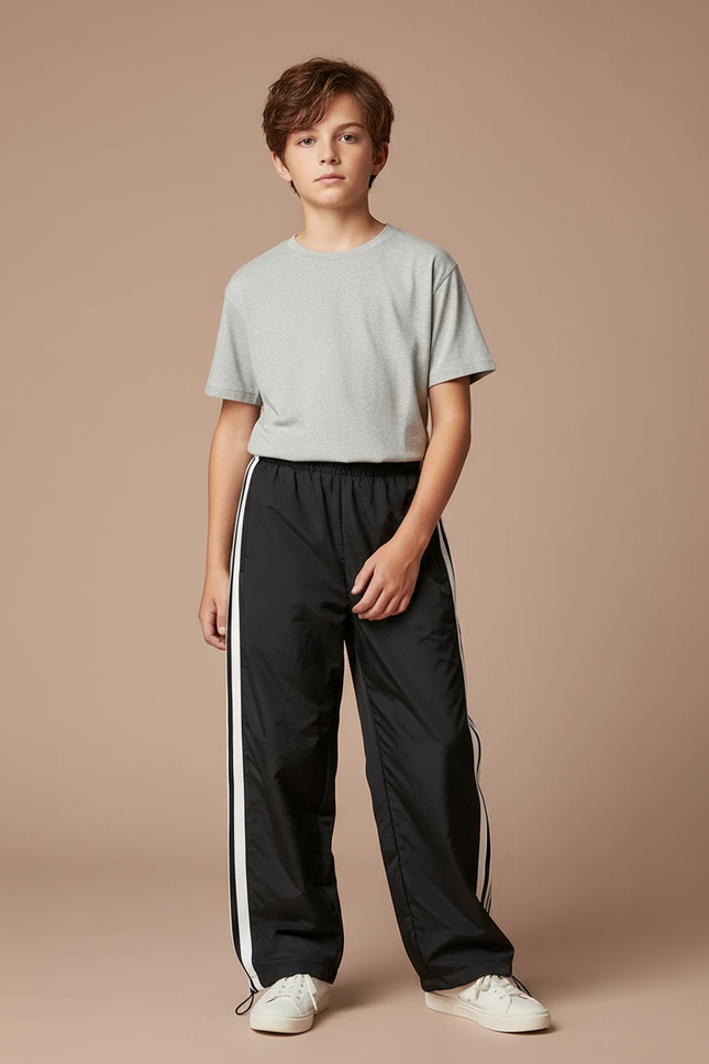 Pantalon Parachute Noir Ample Sportif Garçon Bandes Blanches - Polyester