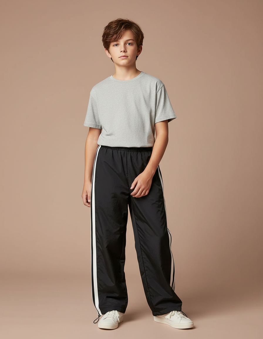 Pantalon Parachute Noir Ample Sportif Garçon Bandes Blanches - Polyester