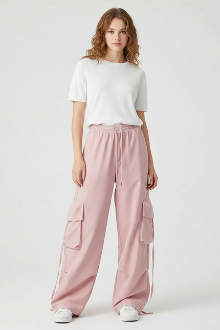 Pantalon Parachute Rose Cargo Ample Confortable Décontracté - Polyester