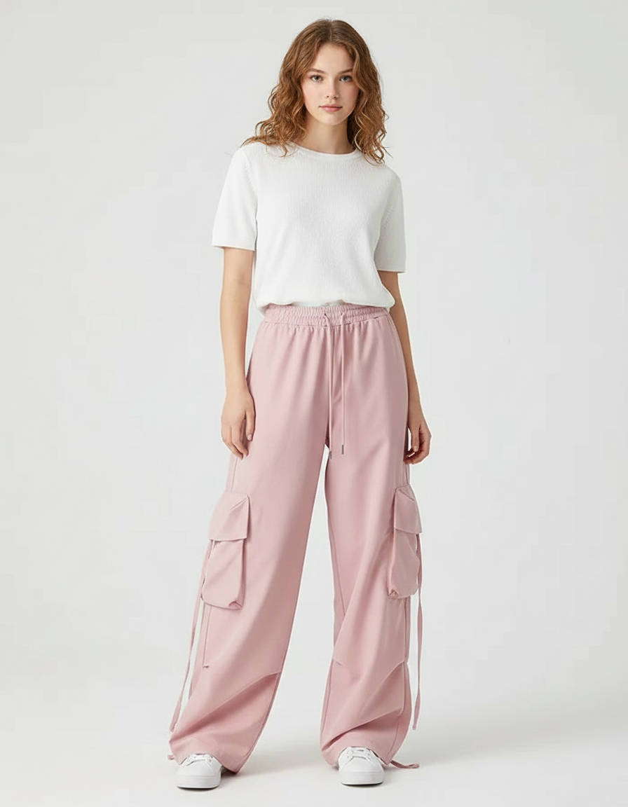 Pantalon Parachute Rose Cargo Ample Confortable Décontracté - Polyester
