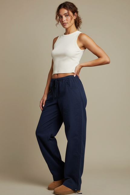 Pantalon Parachute Bleu Marine Fluide Ample Décontracté - Coton