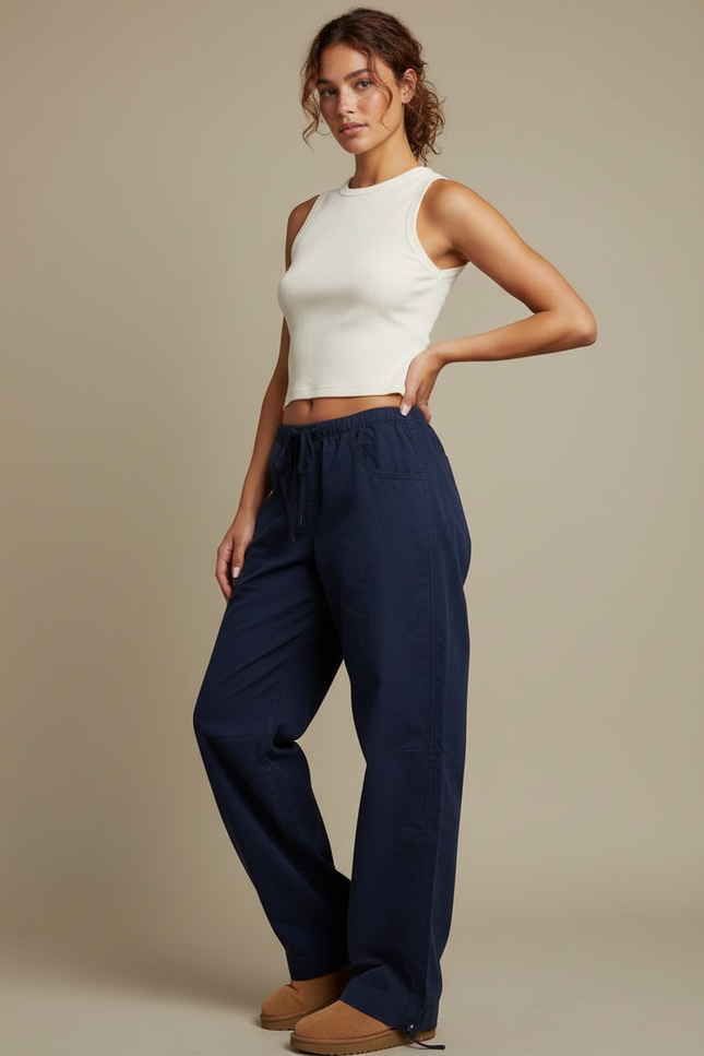 Pantalon Parachute Bleu Marine Fluide Ample Décontracté - Coton