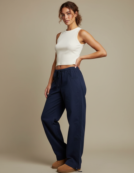 Pantalon Parachute Bleu Marine Fluide Ample Décontracté - Coton