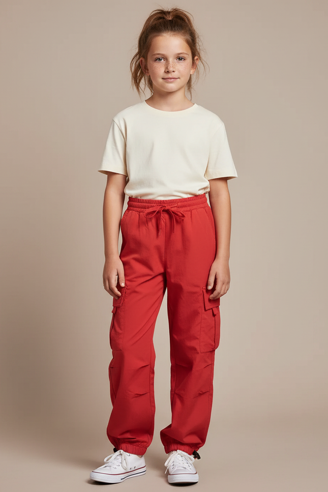 Pantalon Parachute Rouge Ample Cargo Enfant Coton - Polyester