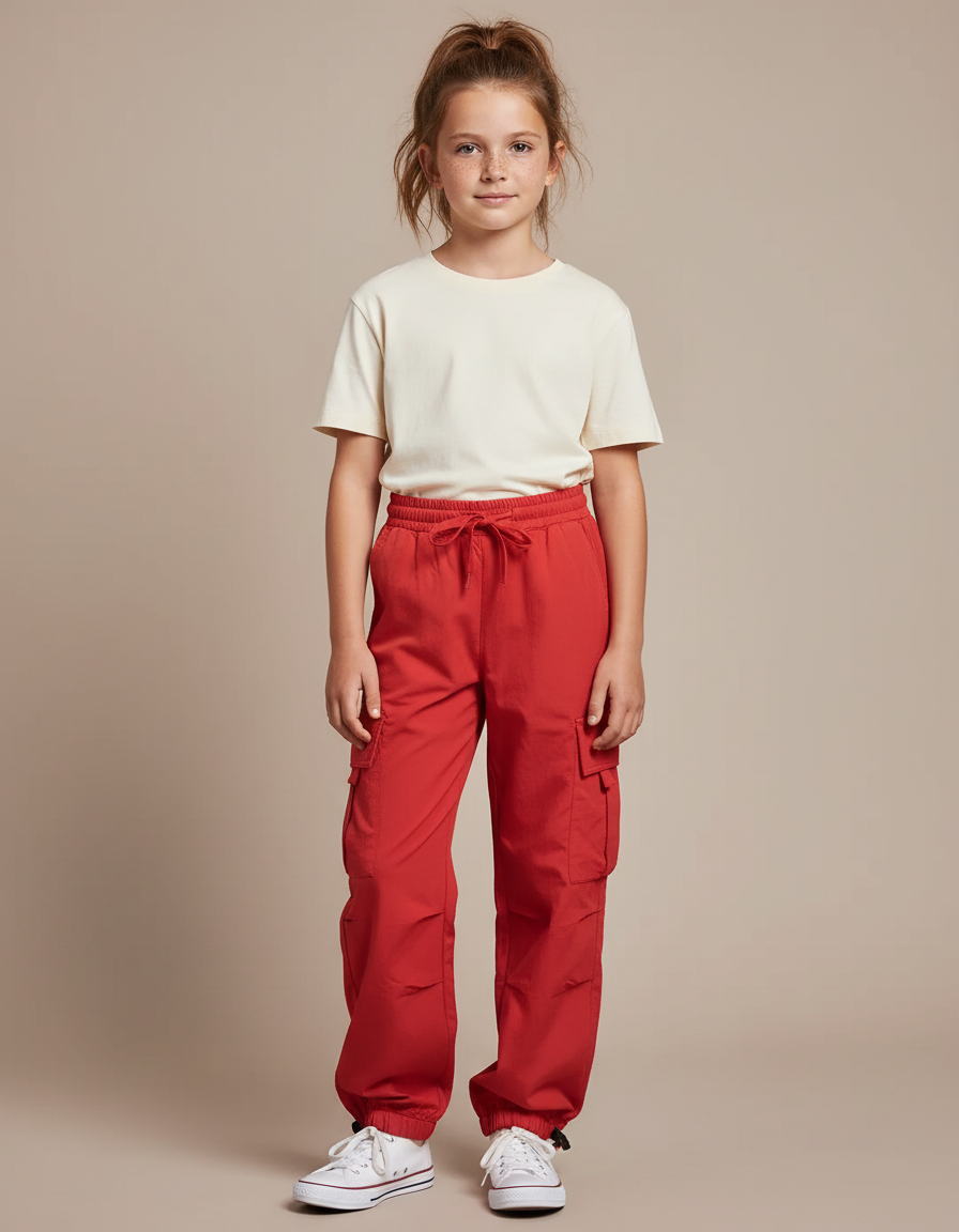 Pantalon Parachute Rouge Ample Cargo Enfant Coton - Polyester