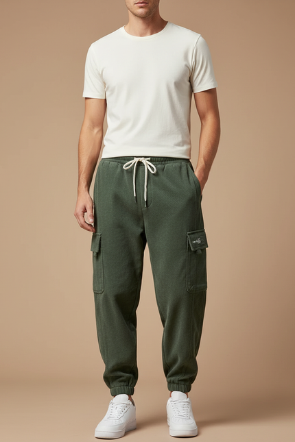 Pantalon Parachute Vert Côtelé Cargo Cordon Homme - Cordé