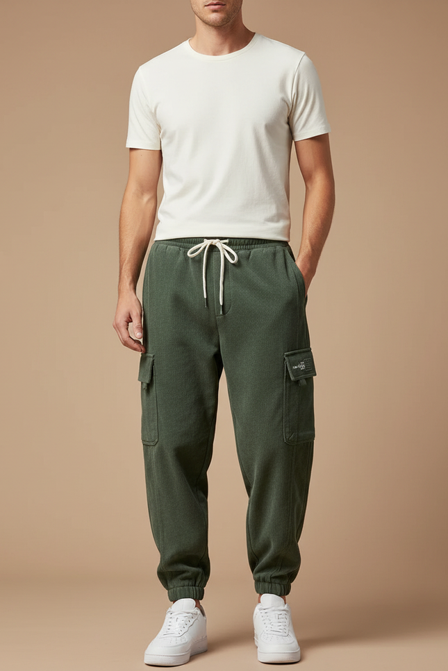 Pantalon Parachute Vert Côtelé Cargo Cordon Homme - Cordé