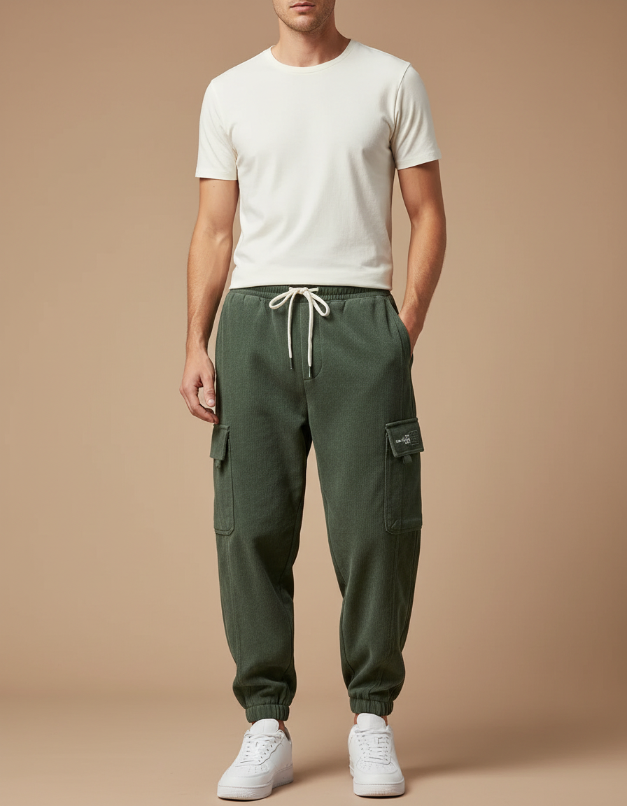 Pantalon Parachute Vert Côtelé Cargo Cordon Homme - Cordé