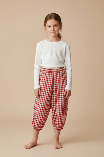 Pantalon Parachute Vichy Rouge Ample Coton Enfant