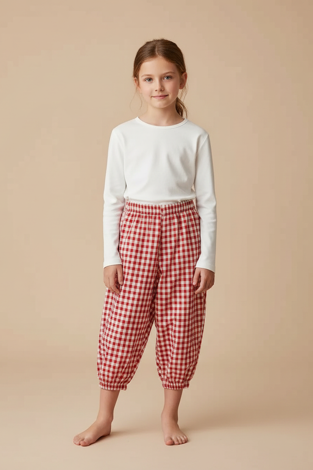 Pantalon Parachute Vichy Rouge Ample Coton Enfant