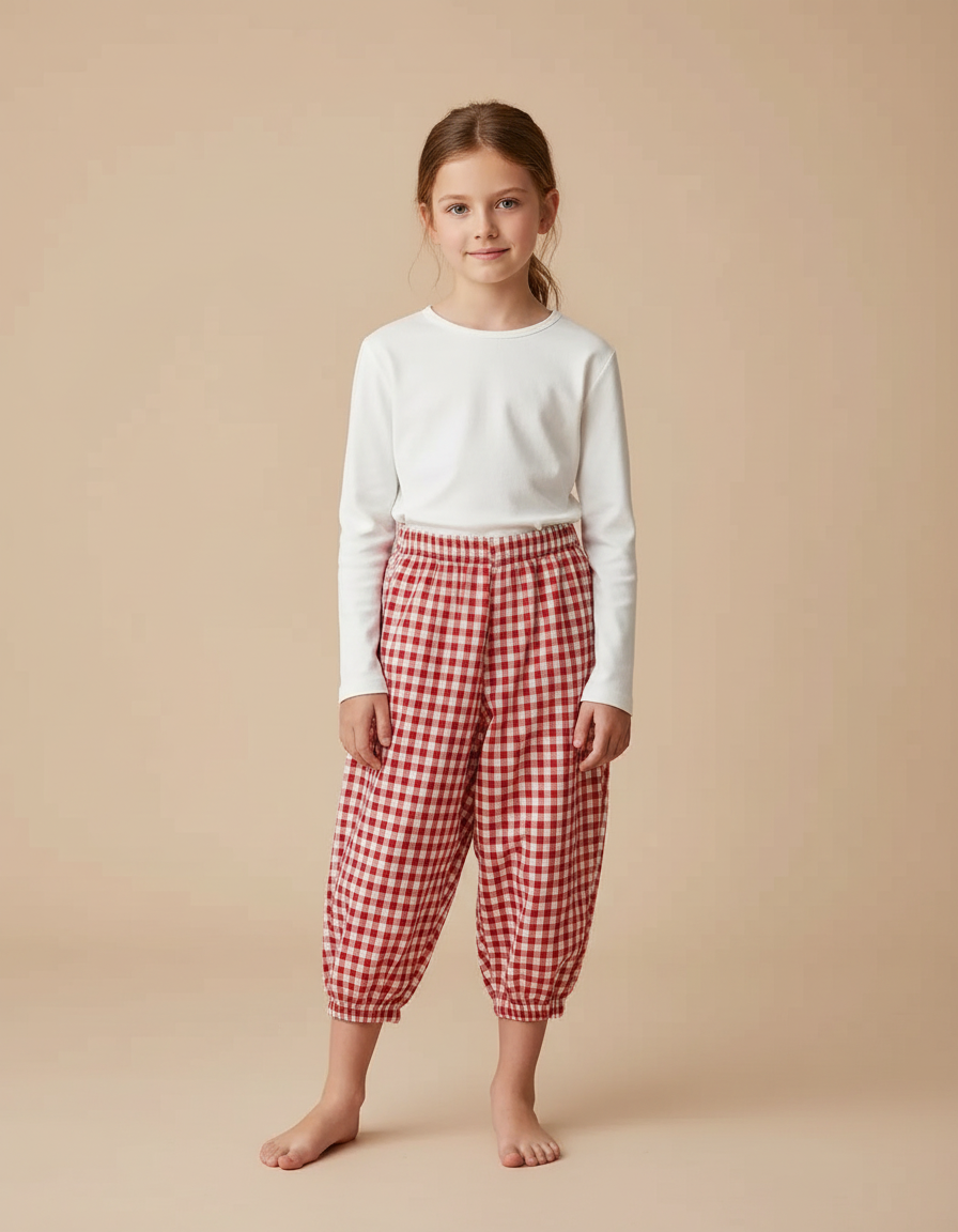 Pantalon Parachute Vichy Rouge Ample Coton Enfant