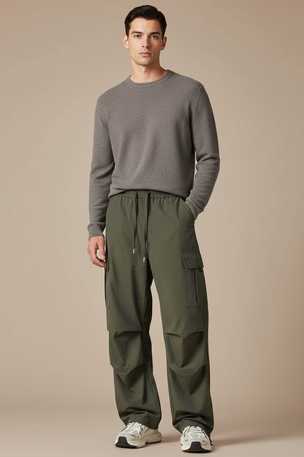 Pantalon Parachute Kaki Ample Cargo Cordon Homme - Polyester