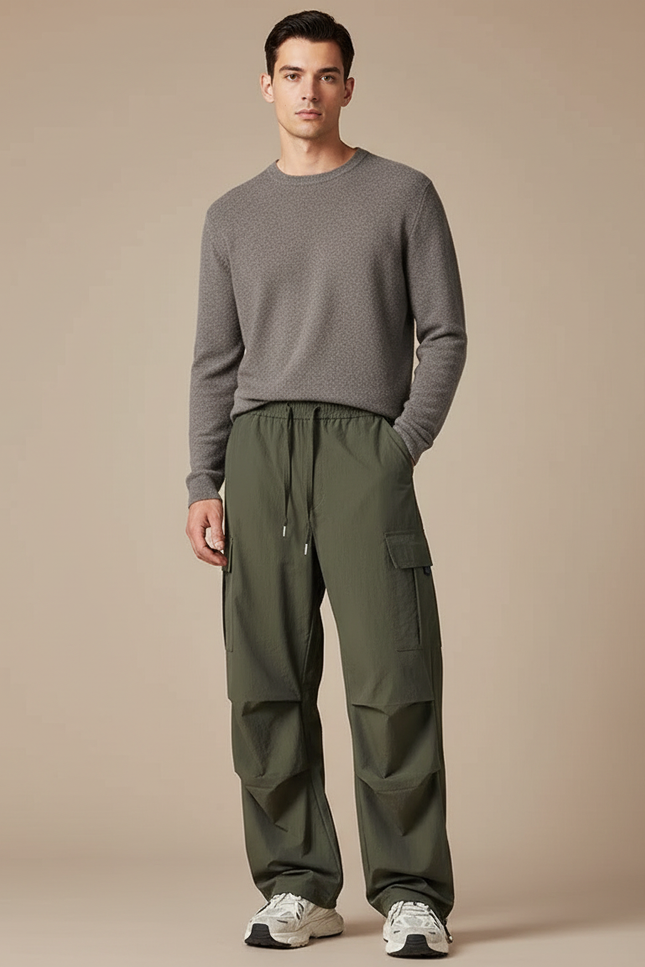 Pantalon Parachute Kaki Ample Cargo Cordon Homme - Polyester