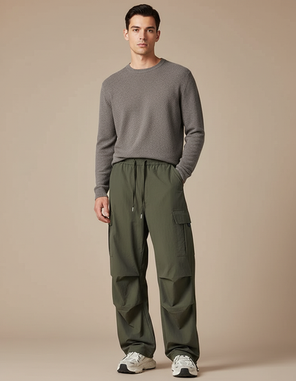 Pantalon Parachute Kaki Ample Cargo Cordon Homme - Polyester