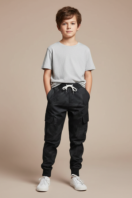 Pantalon Parachute Noir Cargo Imprimé Cordon Garçon - Polyester