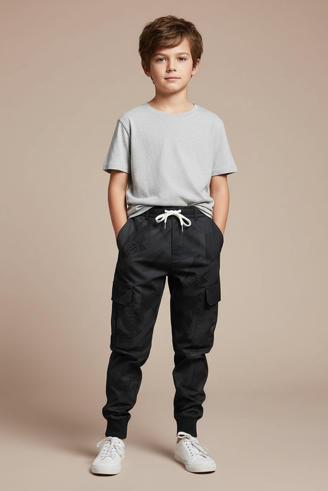 Pantalon Parachute Noir Cargo Imprimé Cordon Garçon - Polyester