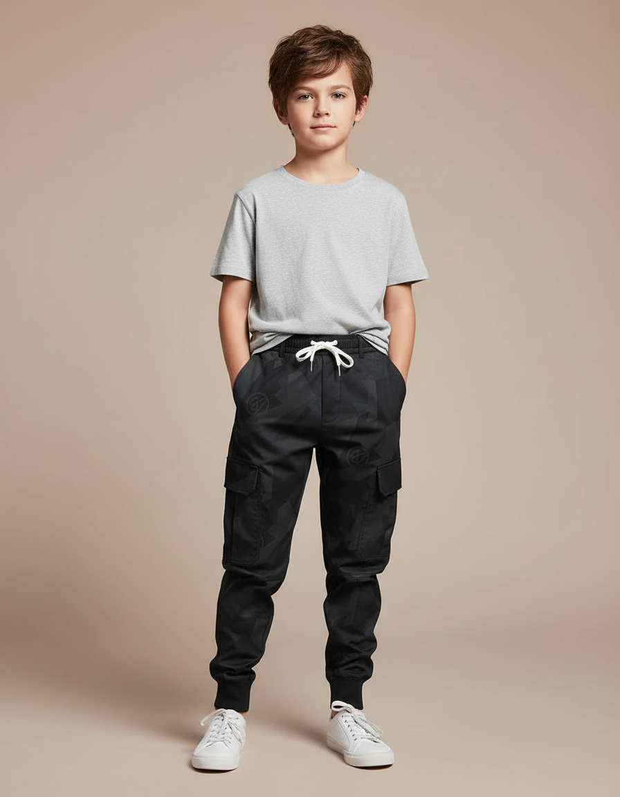 Pantalon Parachute Noir Cargo Imprimé Cordon Garçon - Polyester