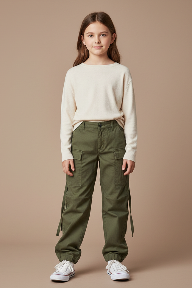 Pantalon Parachute Kaki Cargo Coton Multipoches Enfant