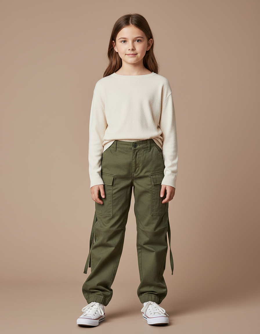 Pantalon Parachute Kaki Cargo Coton Multipoches Enfant