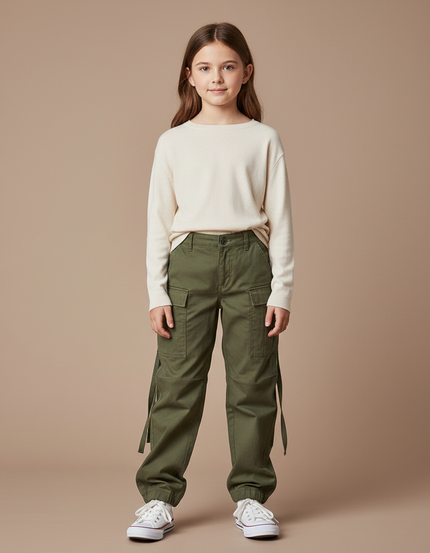 Pantalon Parachute Kaki Cargo Coton Multipoches Enfant
