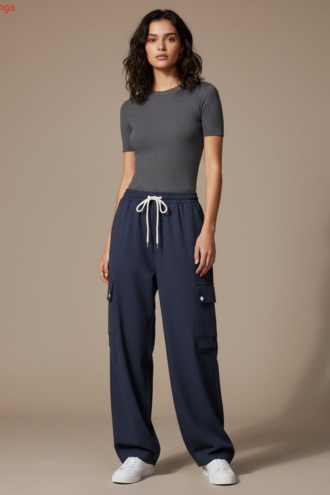 Pantalon Parachute Bleu Marine Ample Cargo Cordon - Polyester
