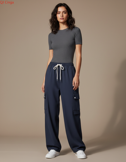Pantalon Parachute Bleu Marine Ample Cargo Cordon - Polyester