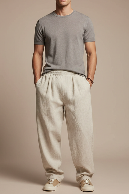 Pantalon Parachute Beige Lin Ample Décontracté Homme