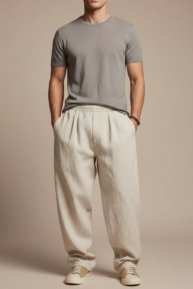 Pantalon Parachute Beige Lin Ample Décontracté Homme