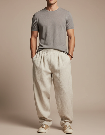 Pantalon Parachute Beige Lin Ample Décontracté Homme