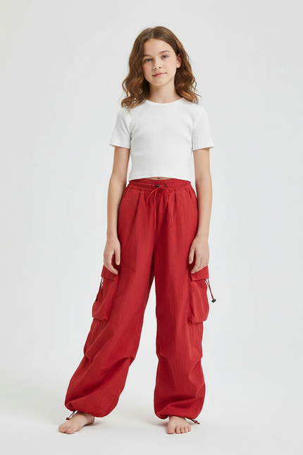 Pantalon Parachute Fille Baggy Nylon Streetwear - Rouge Polyester