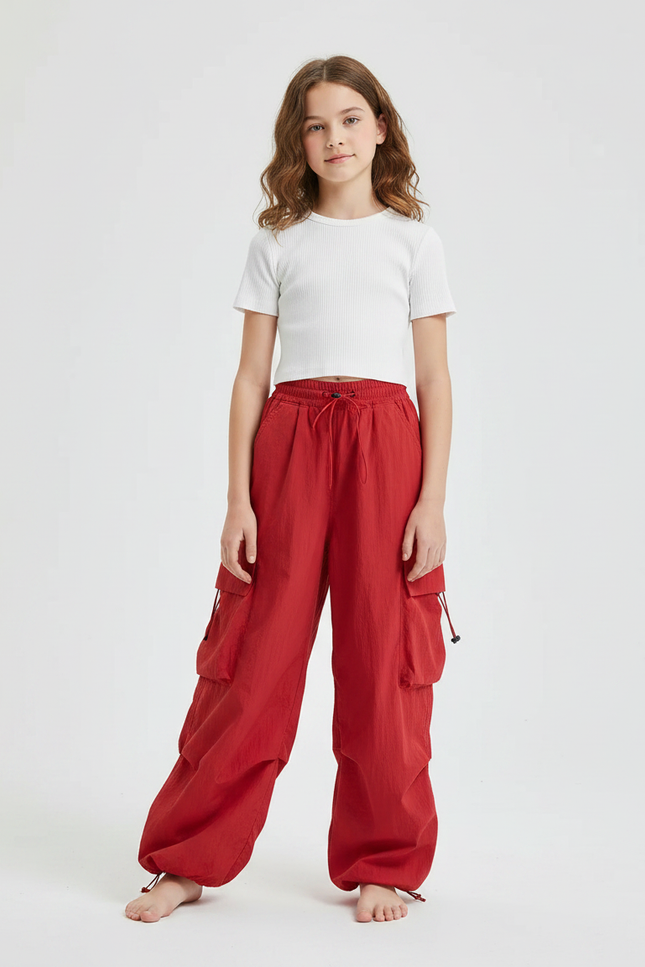 Pantalon Parachute Fille Baggy Nylon Streetwear - Rouge Polyester