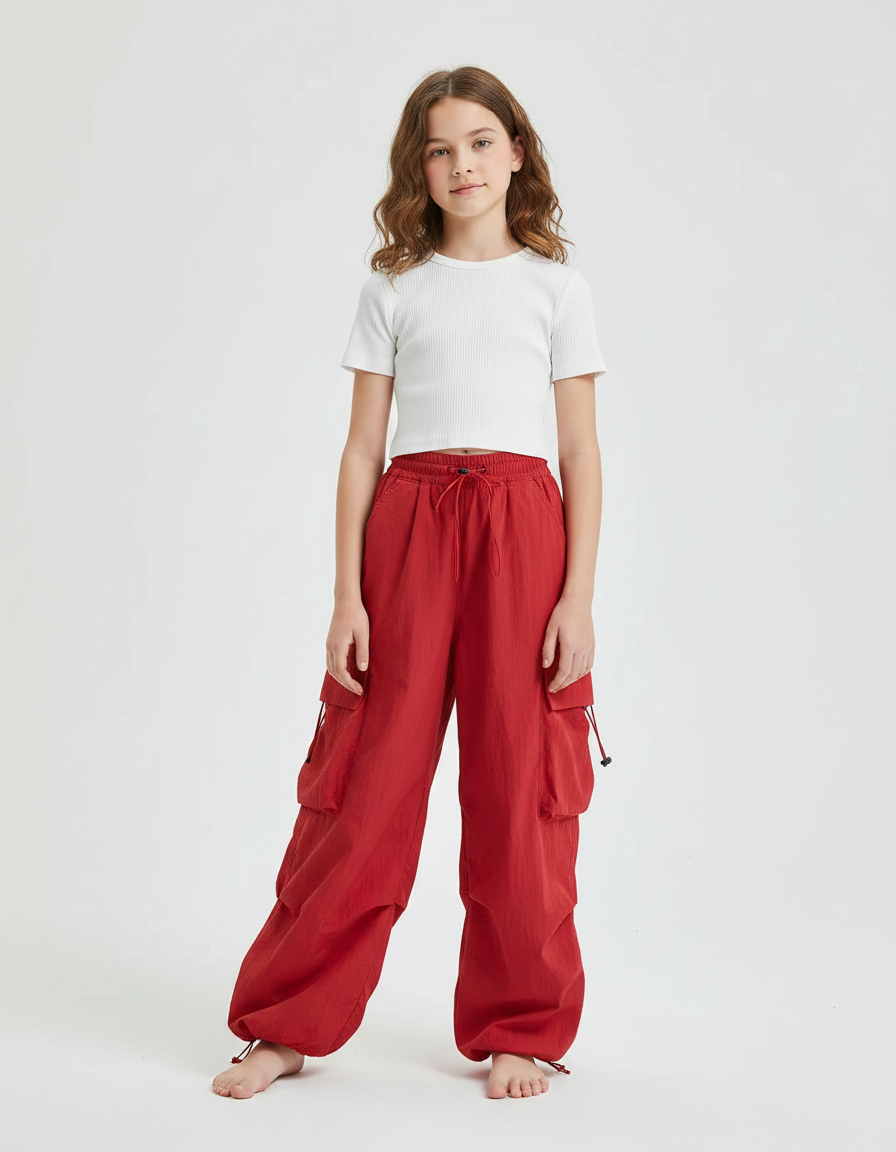 Pantalon Parachute Fille Baggy Nylon Streetwear - Rouge Polyester