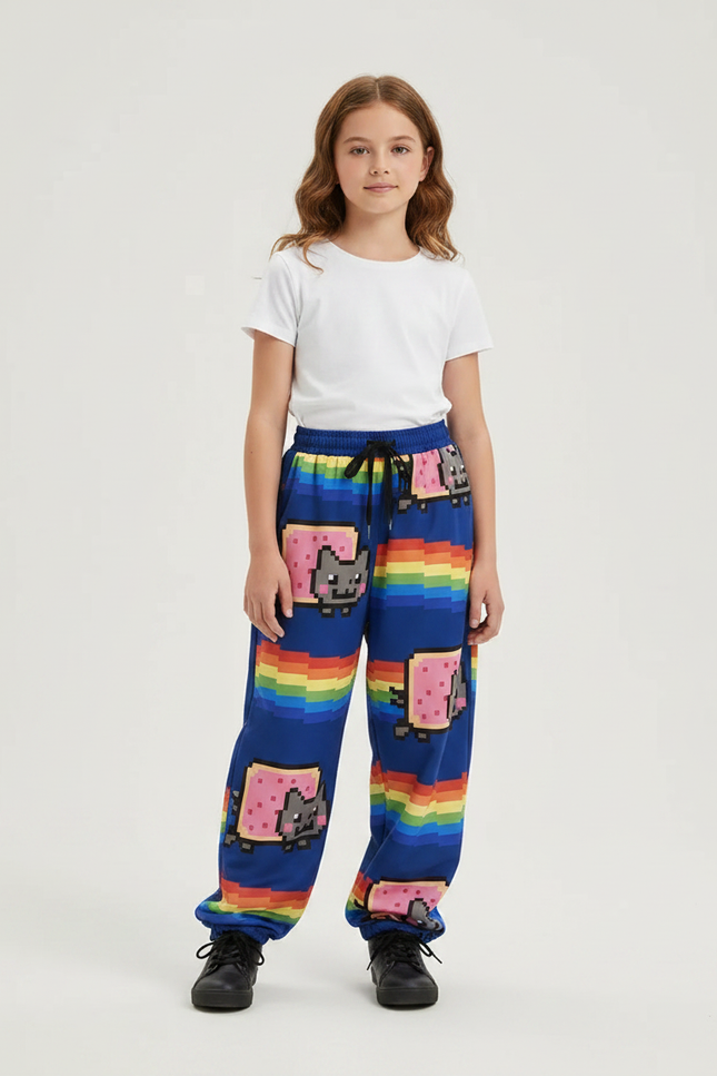 Pantalon Parachute Bleu Arc-en-ciel Pixel Nyan Cat Ample - Multicolore Molleton