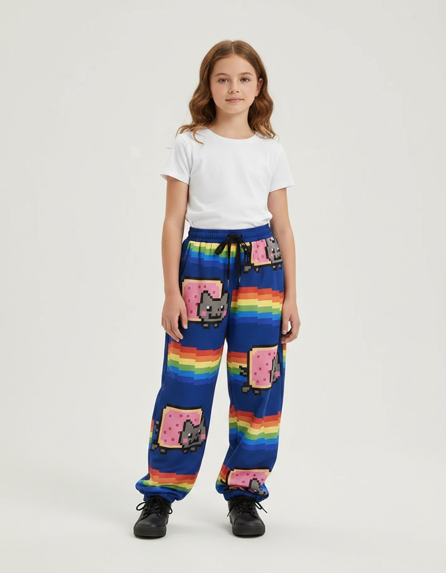 Pantalon Parachute Bleu Arc-en-ciel Pixel Nyan Cat Ample - Multicolore Molleton