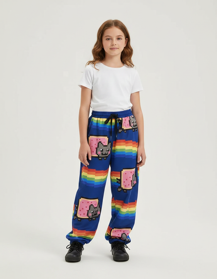 Pantalon Parachute Bleu Arc-en-ciel Pixel Nyan Cat Ample - Multicolore Molleton