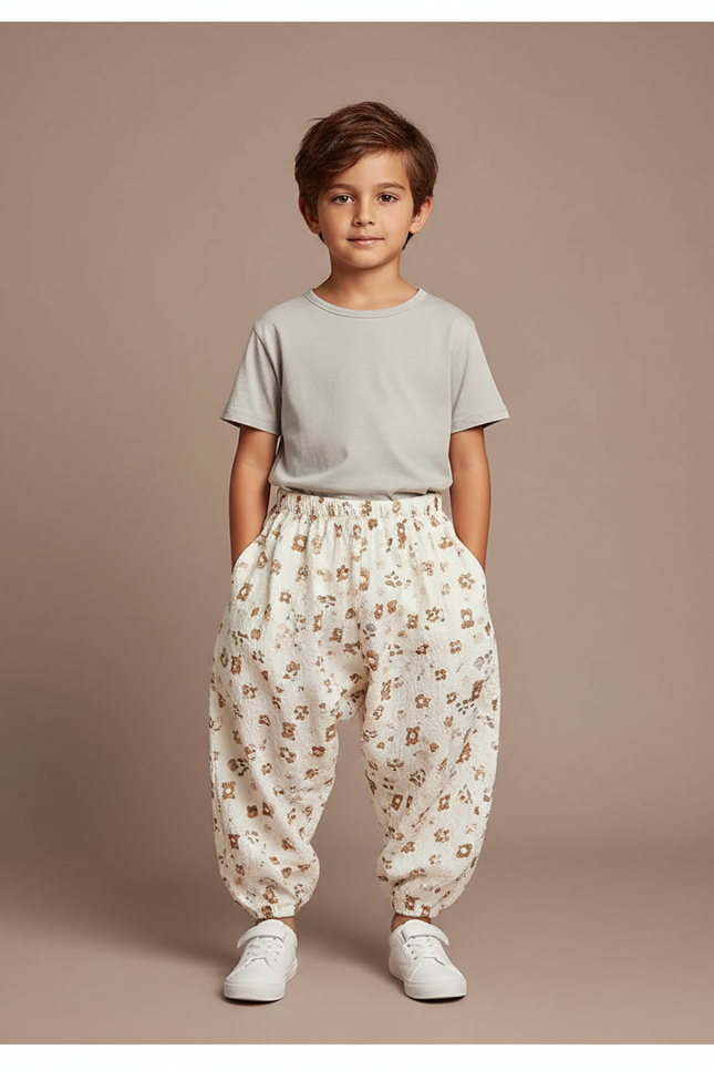 Pantalon Parachute Crème Ample Motif Ours Coton Enfant - Beige