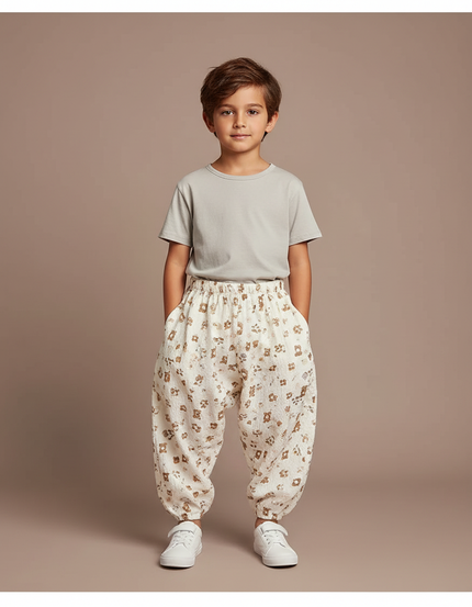 Pantalon Parachute Crème Ample Motif Ours Coton Enfant - Beige