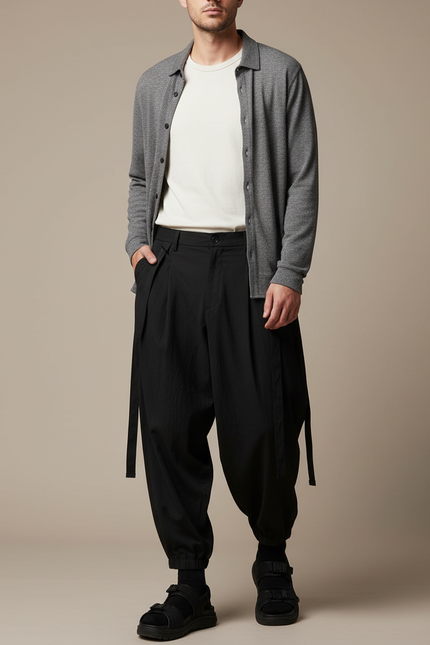 Pantalon Parachute Noir Ample Plissé Décontracté Homme - Polyester