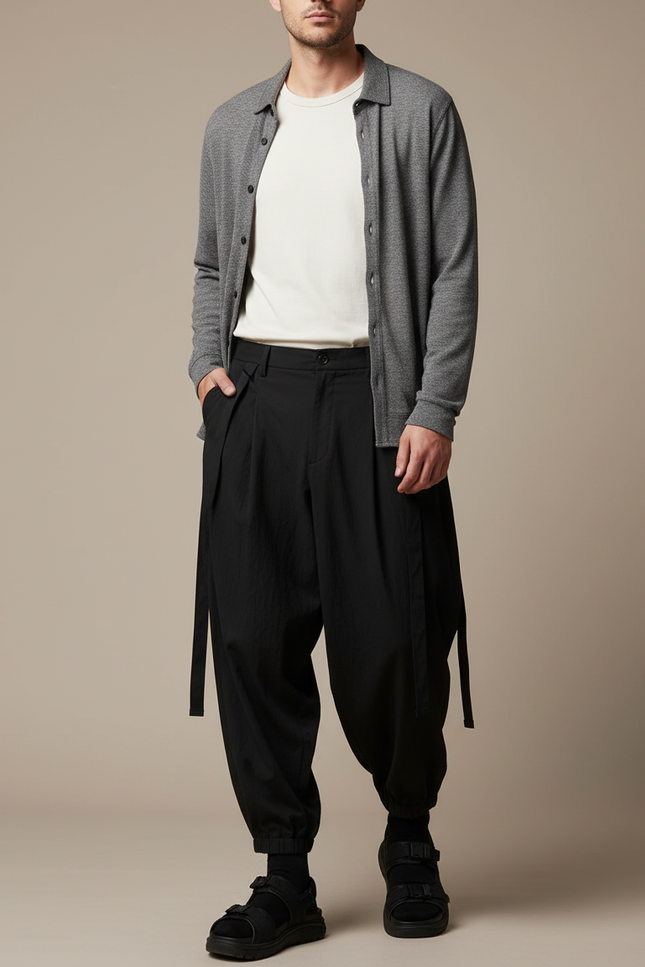 Pantalon Parachute Noir Ample Plissé Décontracté Homme - Polyester