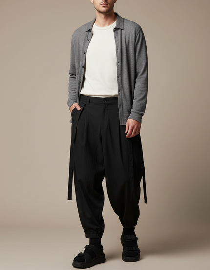 Pantalon Parachute Noir Ample Plissé Décontracté Homme - Polyester