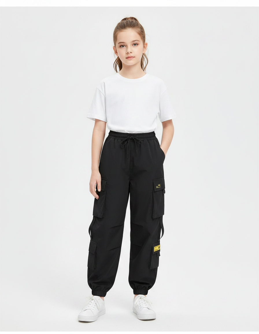 Pantalon Parachute Noir Cargo Ample Coton Femme - Polyester