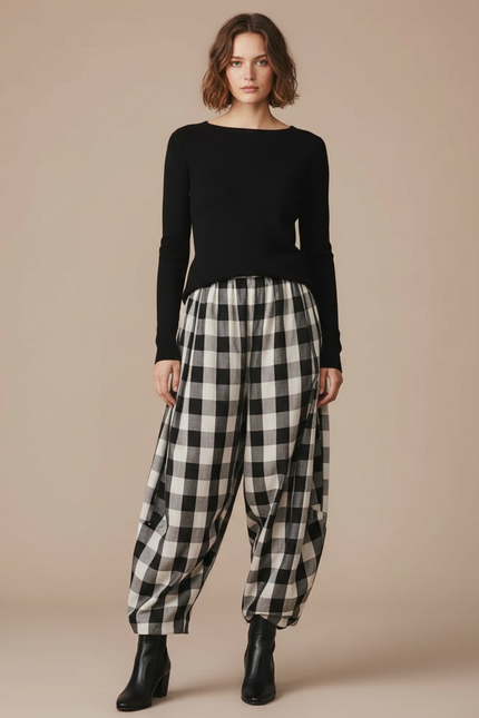 Pantalon Parachute Vichy Noir Blanc Ample Décontracté - Multicolore Coton
